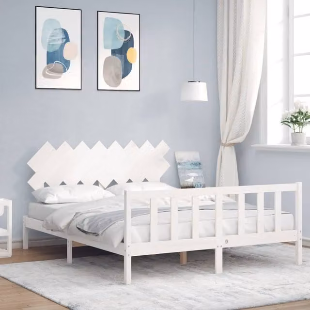 Berkfield Home Solid Wood Bed Frame with Headboard in White, 160 x 200 cm