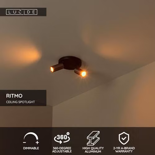 Lucide Ritmo Adjustable Ceiling Spotlight in Brown, Diameter: 15 cm, 2xGU10 – 2