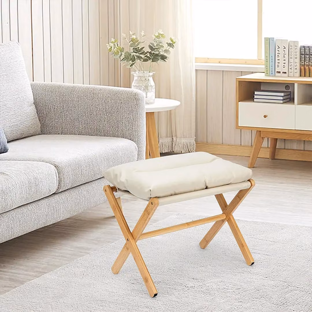 SPETLEK Under-Desk Footstool, Rectangular Padded Stool with Bamboo Wood Frame in Beige – 2