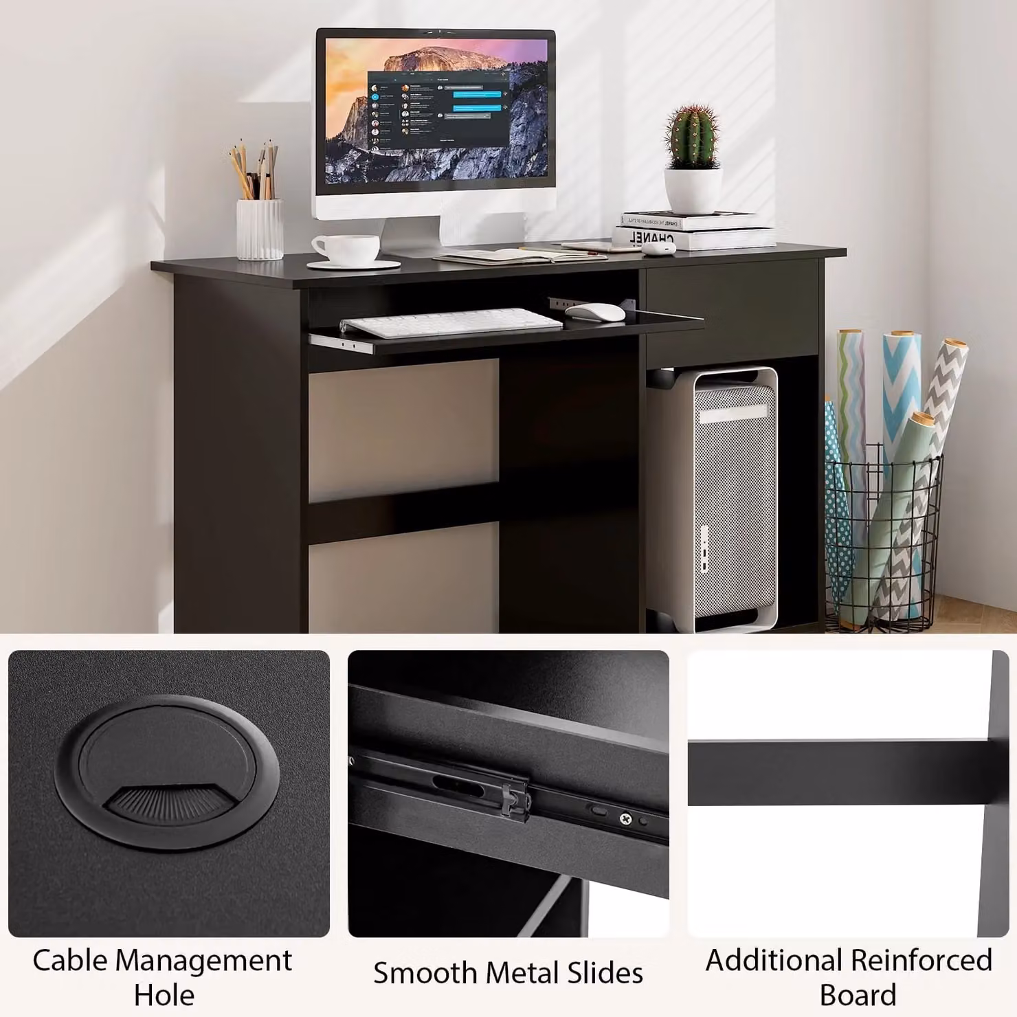 Costway Modern Black Wooden Computer Desk with Pull-out Keyboard Tray and Grommet – 3