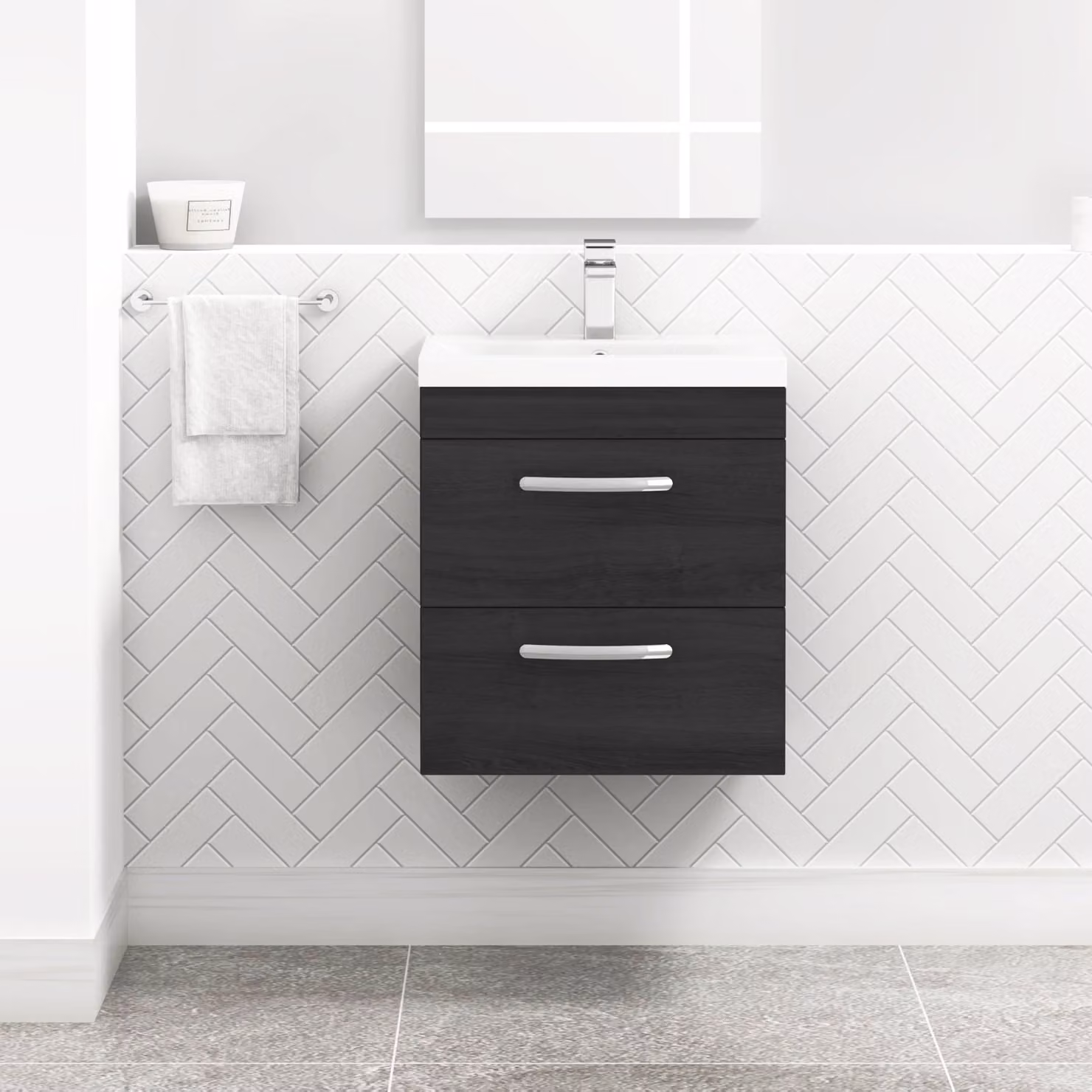 Royal Bathrooms Turin Wall Hung Vanity Unit in Hale Black with 2 Drawers and Mid-Edge Sink, Width: 50 cm
