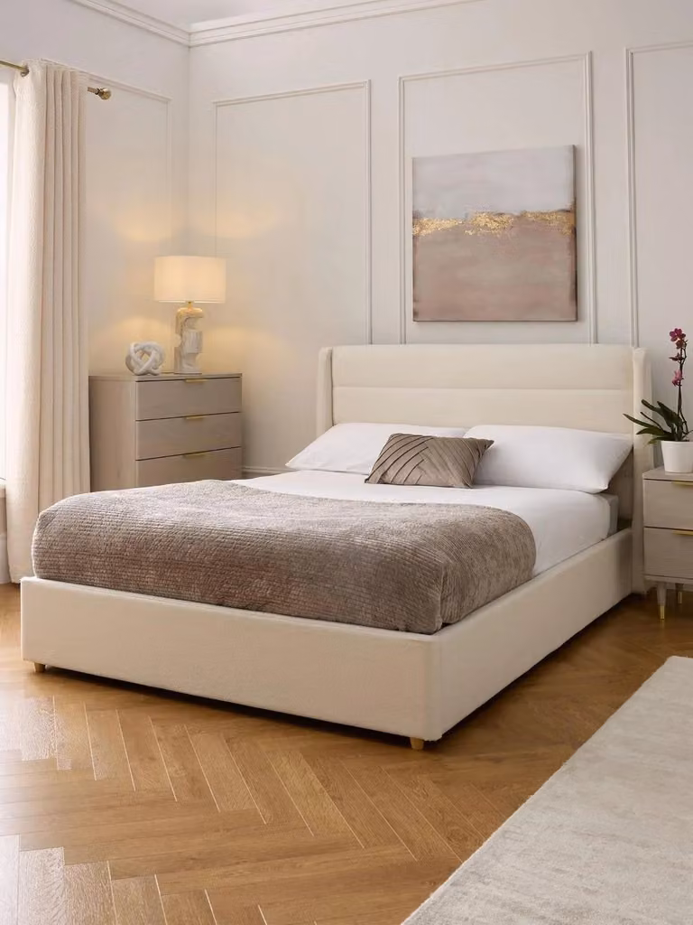 Gabriel Upholstered Fabric Winged Bed Frame in White/Beige, 180 x 200 cm