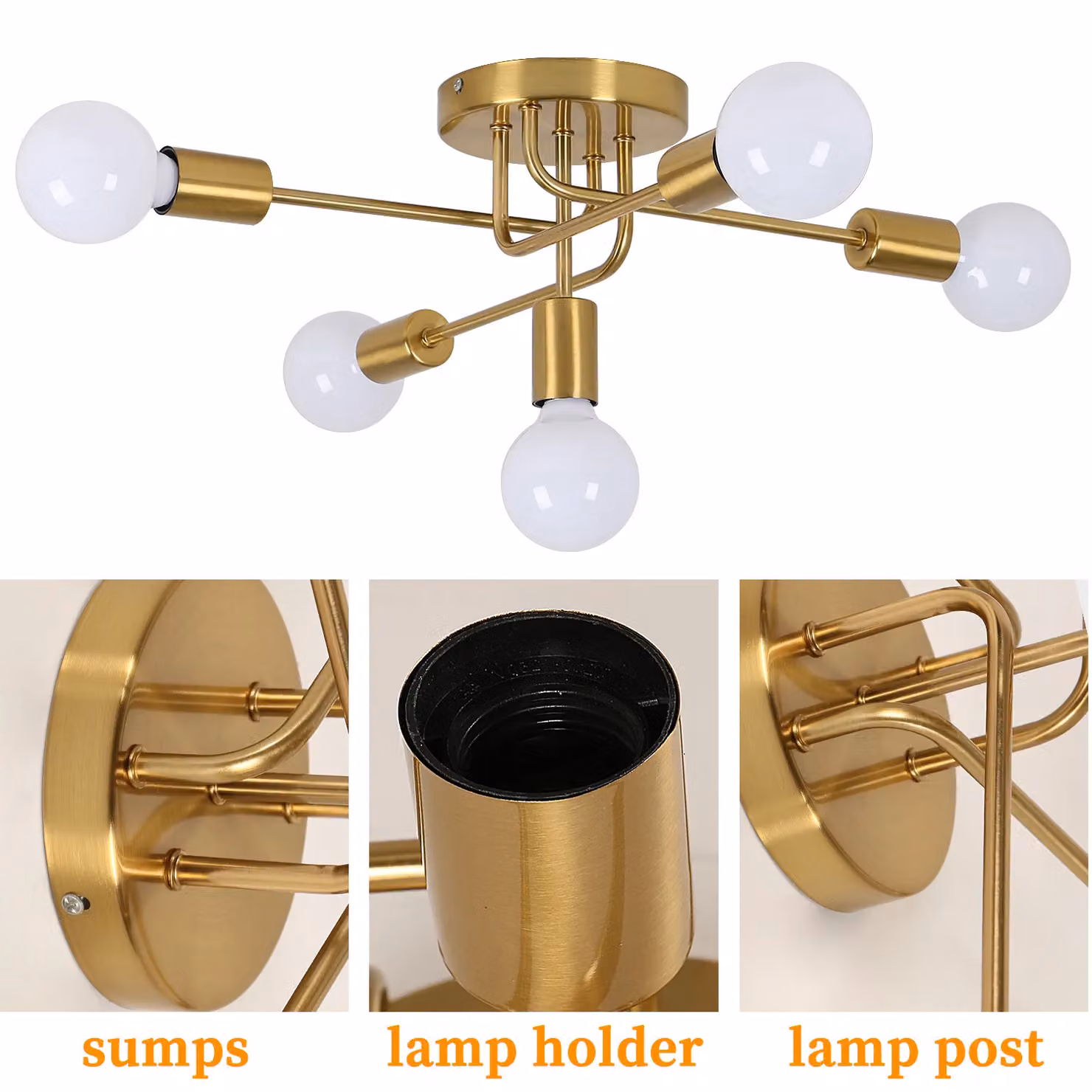 COMELY Industrial Gold Metal Ceiling Light with 5 Adjustable E27 Retro Globe Sockets – 5