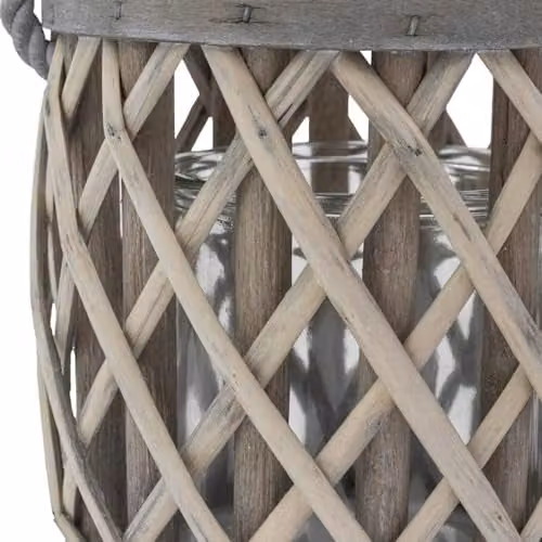 JVL Luna Set of 2 Grey Wood and Glass Tabletop Lanterns with Braided Rope Handles – 2