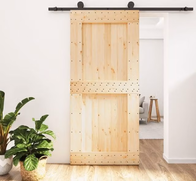 Berkfield Home Rustic Solid Wood Pine Sliding Door with Hardware Set in Brown, W: 95 cm, H: 210 cm
