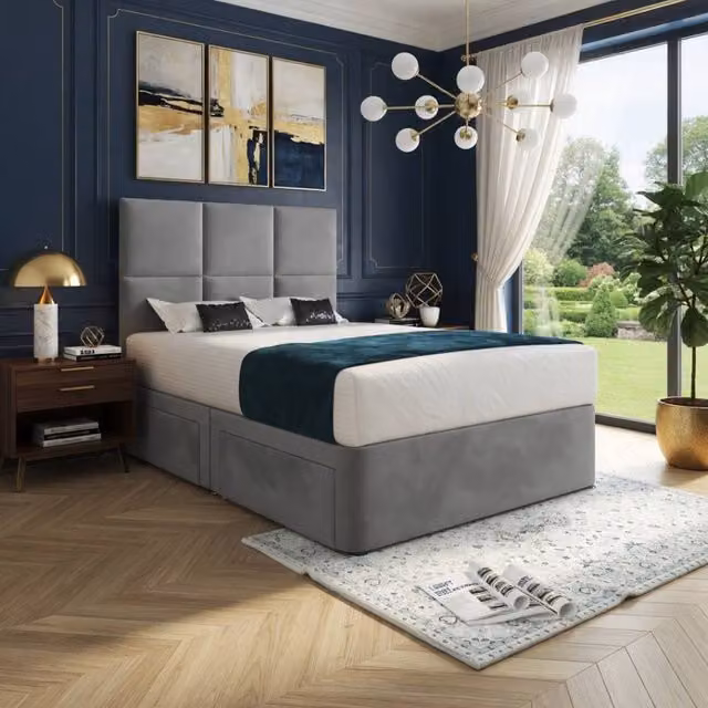 KDMD Isham Grey Upholstered Designer Bed Frame with Headboard, W/D/H: 200 x 137 x 200 cm