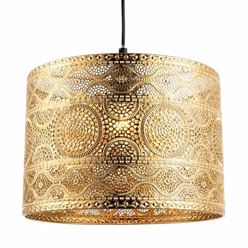 Happy Homewares Ornate Moroccan Designed Polished Gold Metal Pendant Lighting Shade, W: 30 cm, D: 30 cm, H: 20 cm – 1