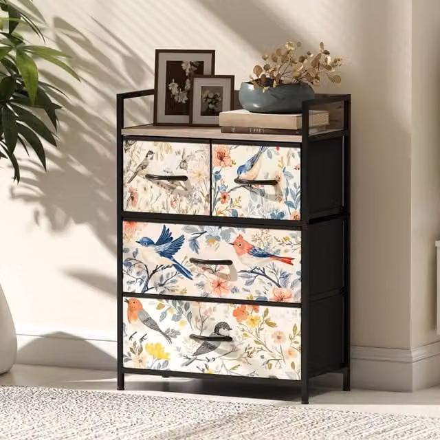 STILVORA 4 Drawer Chest of Drawers with Wooden Structure in White and Multicolour Floral Design – 1