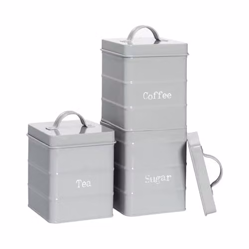 Harbour Housewares Metal Tea Coffee Sugar Canister Set in Grey, 3-Piece Airtight Vintage Food Storage Containers – 1