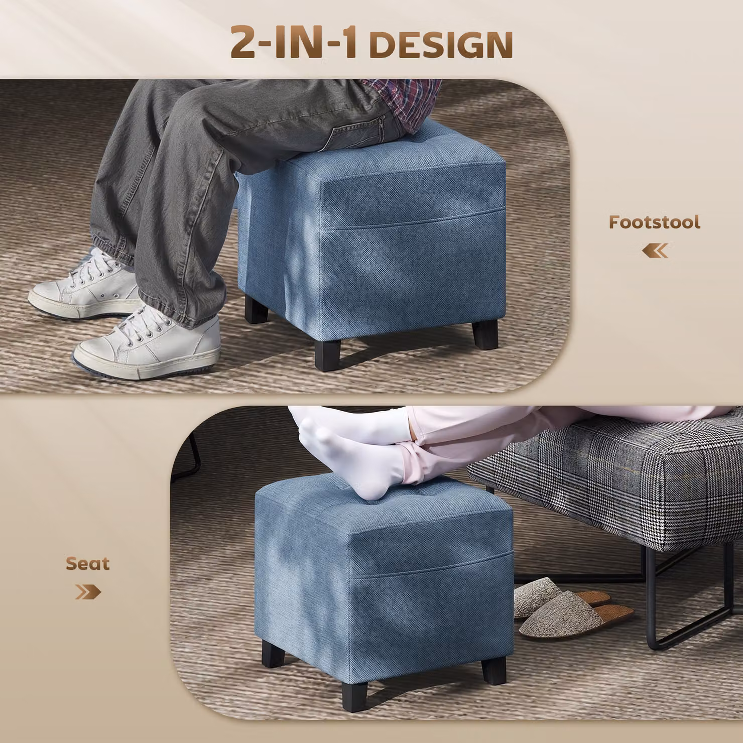 HOMCOM Small Square Ottoman Footstool with Side Pocket and Rubberwood Legs in Dark Blue – 4