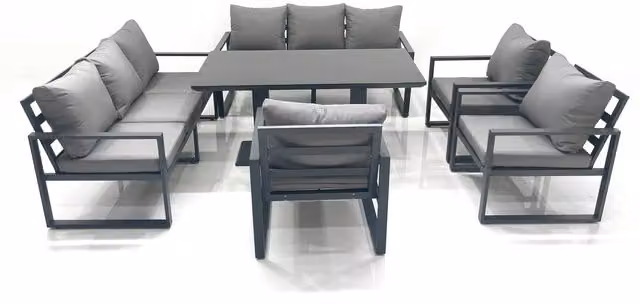 Fimous 9-Seater Aluminium Outdoor Sofa Set with Adjustable Rising Glass Dining Table, Dark Grey