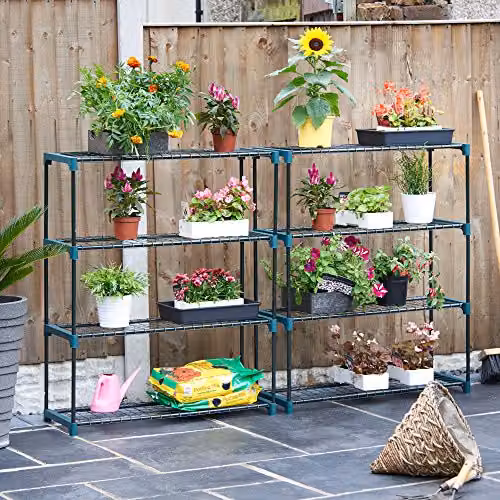 VonHaus 4 Tier Steel Greenhouse Shelving Staging Unit, Pack of 2, Black and Green, H 107.5 cm x W 90 cm x D 30.5 cm – 2