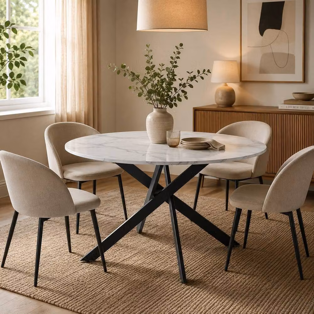 HomeTouch Modern Round White Marble Effect Dining Table with Black Metal Legs, Diameter: 120 cm, Height: 75 cm – 2