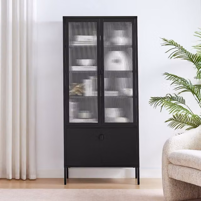 FurnitureboxUK Jia Tallboy Metal Display Cabinet in Black with Glass Doors and Internal Shelves