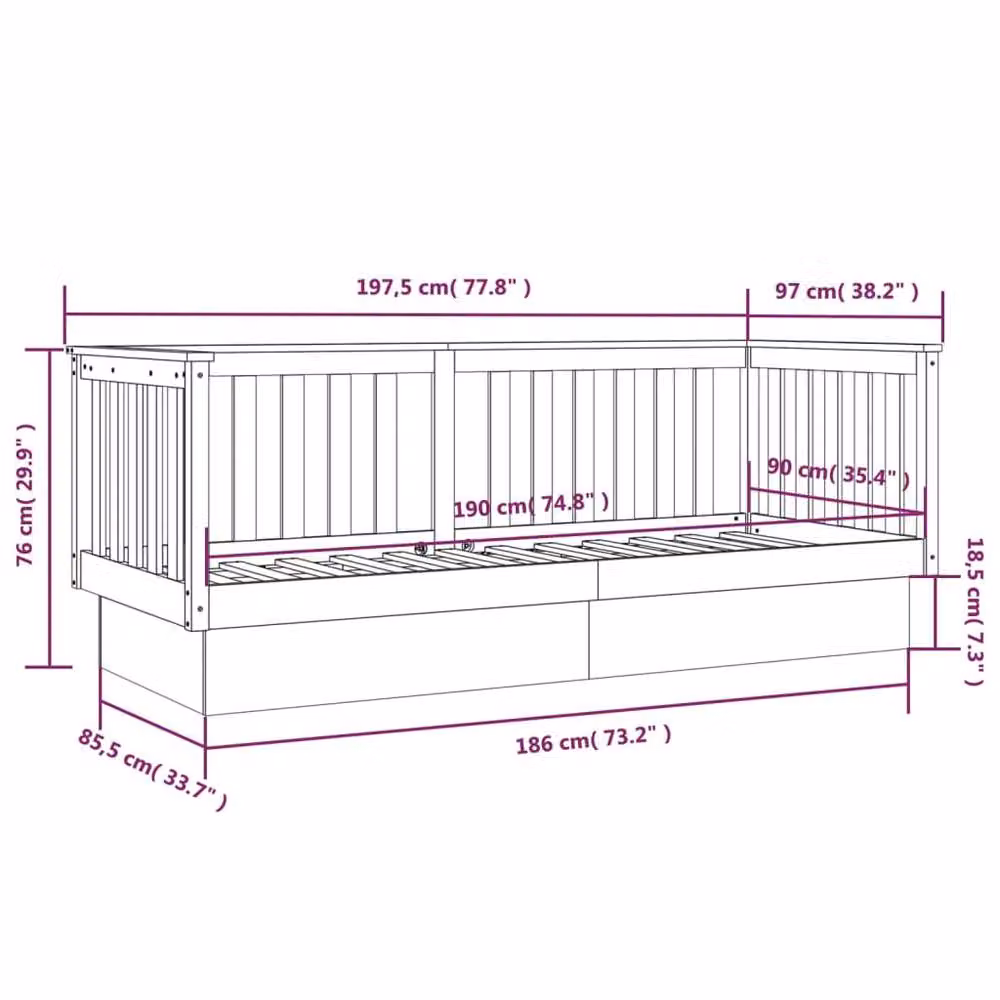 Berkfield Home Rustic Black Solid Wood Pine Day Bed W/D/H: 190 x 90 cm – 5