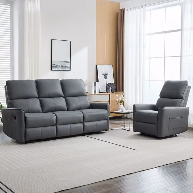 More4Homes Madrid 4-Seater Manual Air Leather Recliner Sofa Set in Grey and Black