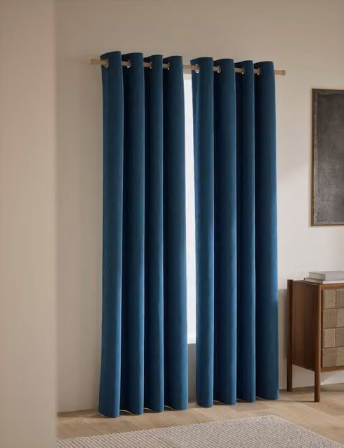 M&S Petrol Velvet Eyelet Curtains, Thermal Insulating and Opaque, H: 183 cm x W: 117 cm