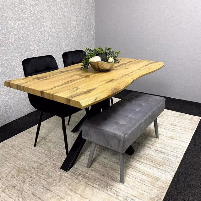Kosy Koala Natural Wood Dining Set with 2 Black Velvet Chairs and Grey Velvet Bench