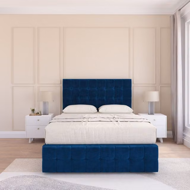 Sloomy Berlin Double Divan Bed Set with Matching Footboard in Navy Blue Plush Velvet, W/D/H: 140 x 200 cm