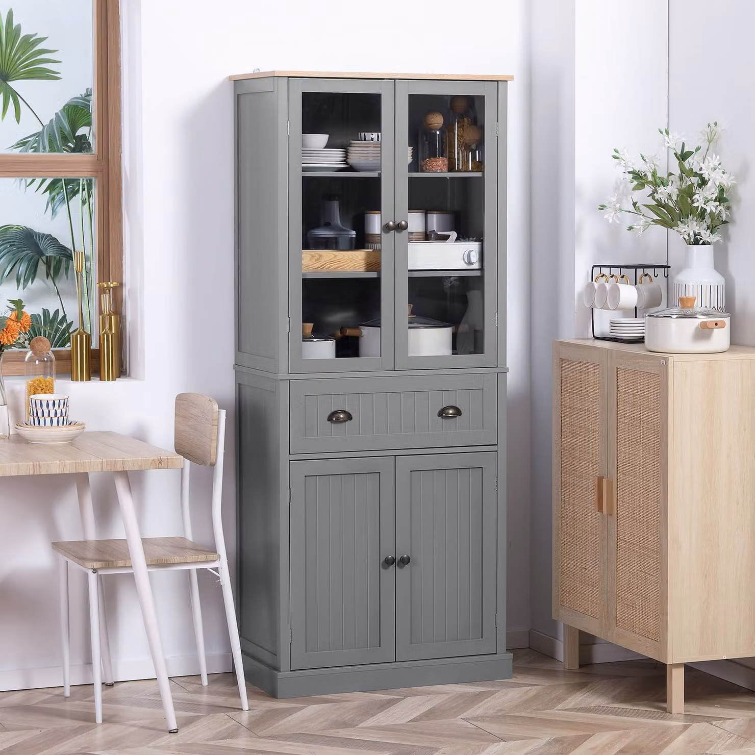 HOMCOM Grey Freestanding Tall Kitchen Pantry Cupboard with Glass Doors and Adjustable Shelves, Height: 180 cm – 2