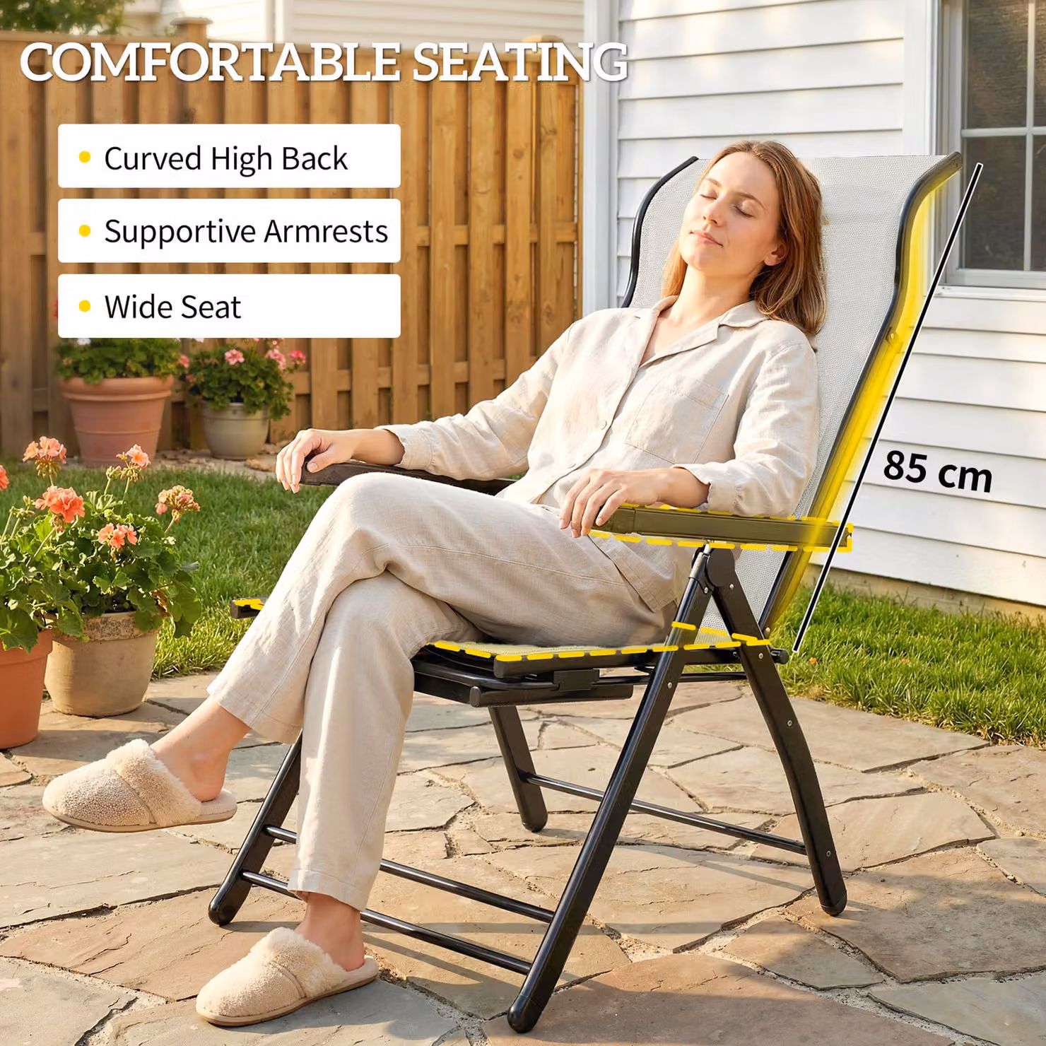 Outsunny Set of 2 Reclining Garden Chairs in Grey with 5-Position Adjustable Backrest and Retractable Footrest – 5