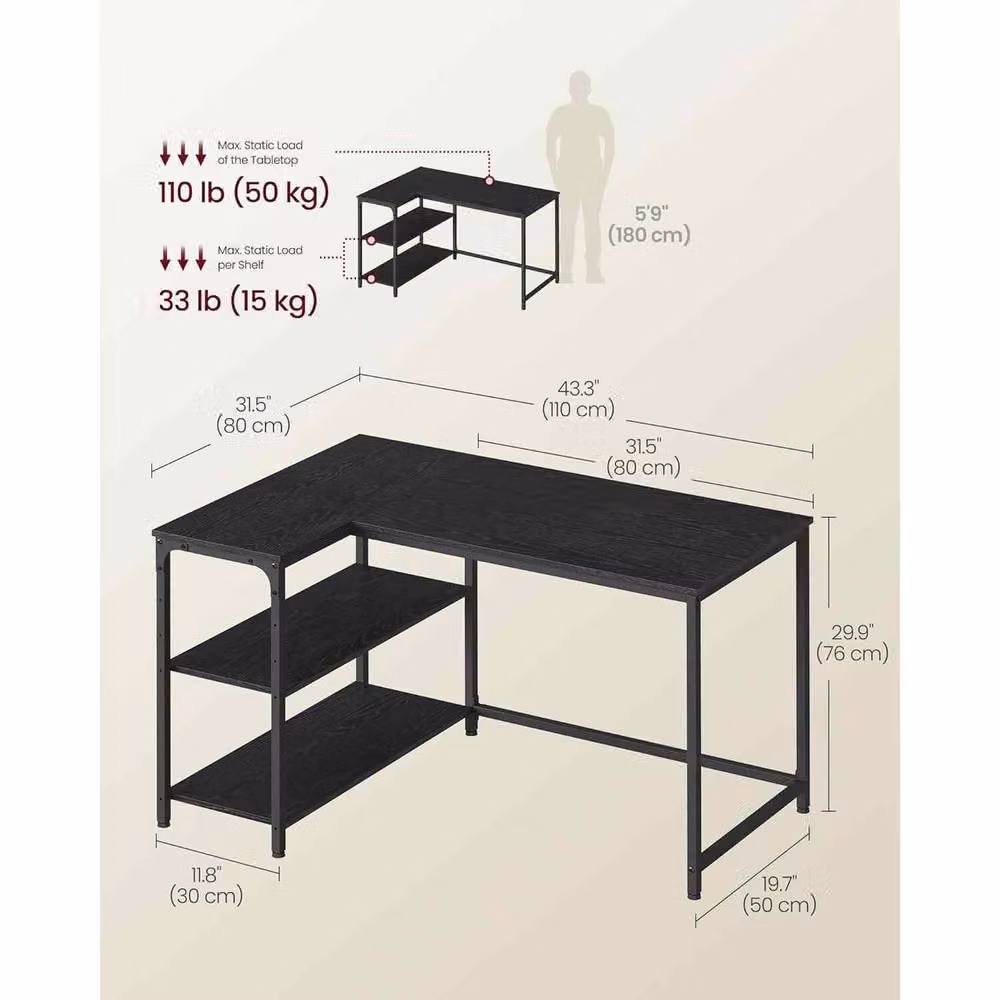 The Bazaarist L Shaped Corner Computer Desk with Reversible Shelves in Jet Black – 3