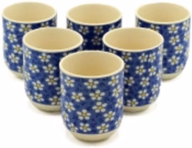 Serenityy Blue Daisy Floral Ceramic Tea Cup Set, 6 Pack