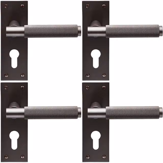 Loops 4x Pair Knurled Round Handles on Slim Euro Lock Backplate, Matt Bronze, W: 150 mm, H: 50 mm – 1