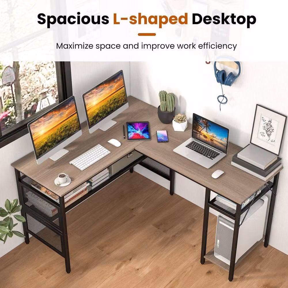 Costway L-Shaped Reversible Corner Computer Desk with Mesh Storage in Grey – 3