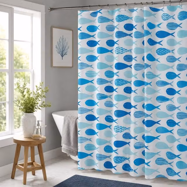 Showerdrape Aquarium Nautical White and Blue Shower Curtain, H 180 cm