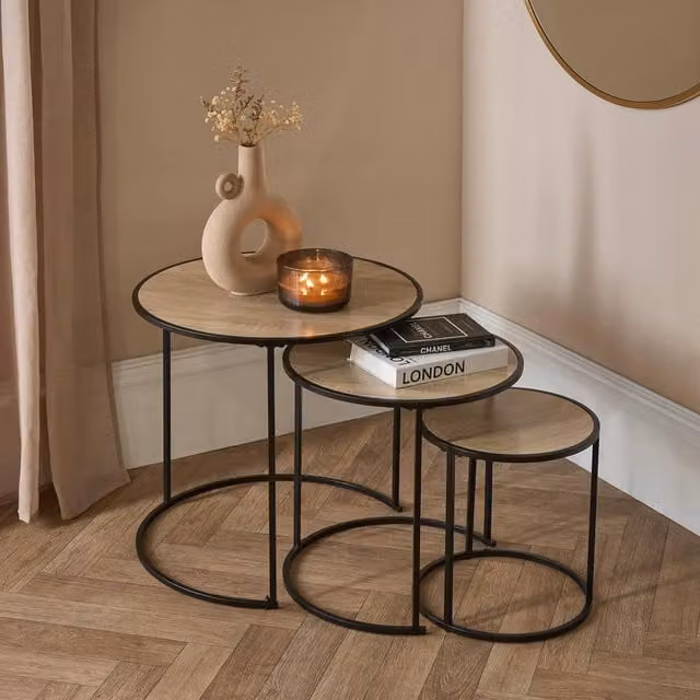 OHS Manhattan Round Nesting Side Coffee Tables with Metal Frame in Brown