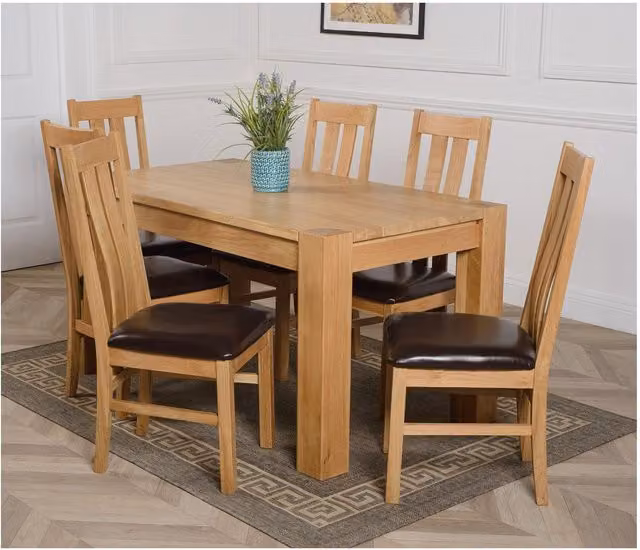 Oak Furniture King Kuba 6 Seater Dining Set with Solid Oak Table and Princeton Upholstered Chairs, Brown, W: 150 cm, D: 85 cm