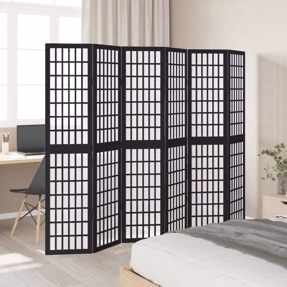 Berkfield Home 6 Panel Room Divider in Black Solid Paulownia Wood – 3