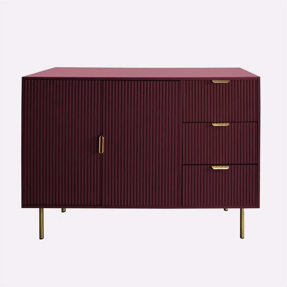 OHS Modern Ribbed Sideboard Cabinet with Drawers and Shelves in Matt Dark Red – 4