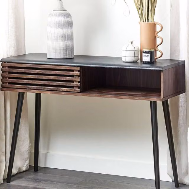 Wyld and Coco Rustic Brown Console Table with Sliding Door Cabinet, W: 110 cm, D: 40 cm, H: 80 cm
