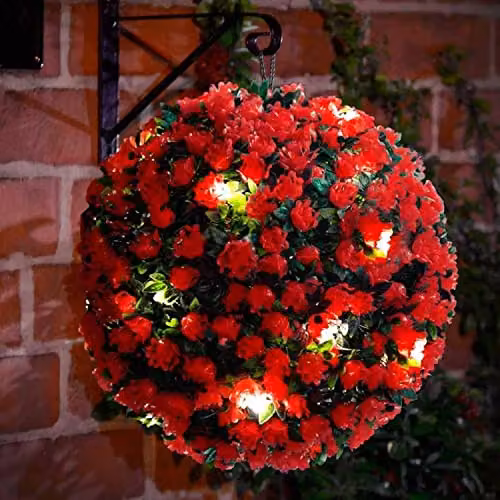 MantraRaj Solar Powered Topiary Ball with 20 LED Flower Lights, Red, Diameter: 28 cm