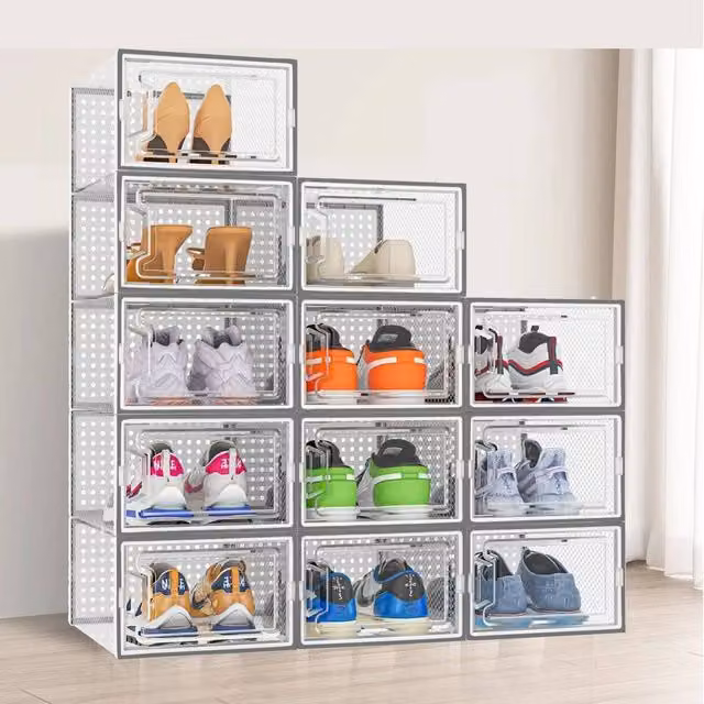 FORGEVIO Stackable Transparent Clear Plastic Shoe Storage Boxes with Lid, Grey