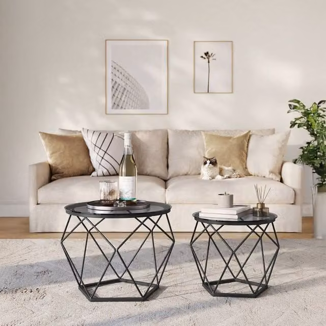 VASAGLE Set of 2 Modern Round Coffee Tables with Glass Tops and Metal Frames in Grey, Transparent and Black