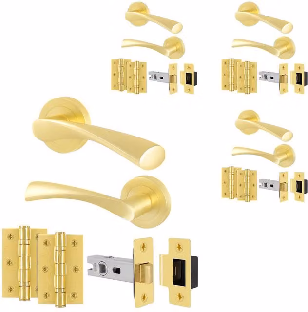 AFIT Novi Satin Brass Door Handle Rosette Set with Latch and Hinges in Gold, 4 Pairs