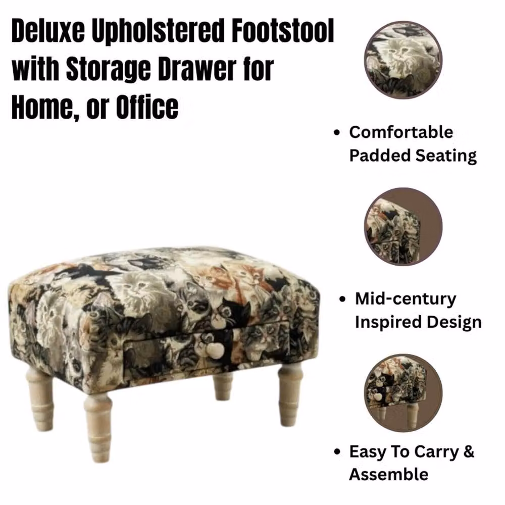 Nordara Multicolour Fabric Cat Pattern Ottoman Footstool with Drawer W: 100 cm, D: 60 cm, H: 60 cm – 3