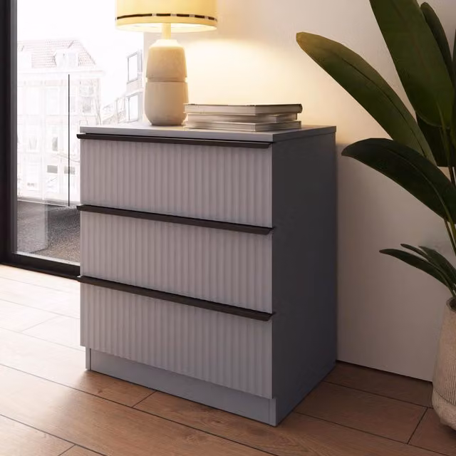 FWStyle Lania Dark Grey Bedside Chest of Drawers with Ripple Effect Design, Width: 60 cm