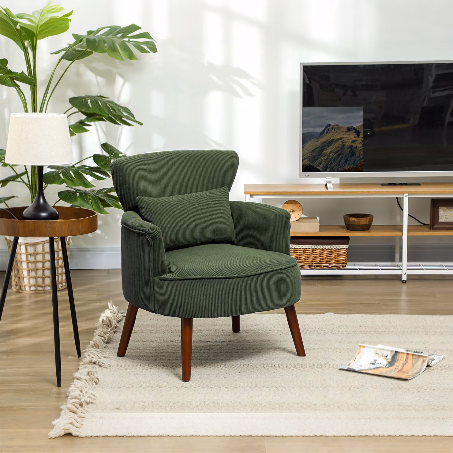 HOMCOM Retro Corduroy Accent Chair with Armrests in Green – 2