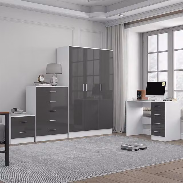 REFLECT Furniture Bundle including 3-Door Wardrobe, Chest of Drawers, Bedside Table and Desk in Grey Gloss and Matt White