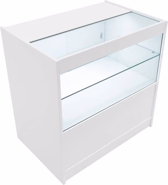 Monstershop C900 LED Retail Shop Counter in White with Glass Sliding Doors and Integrated Lighting – 1