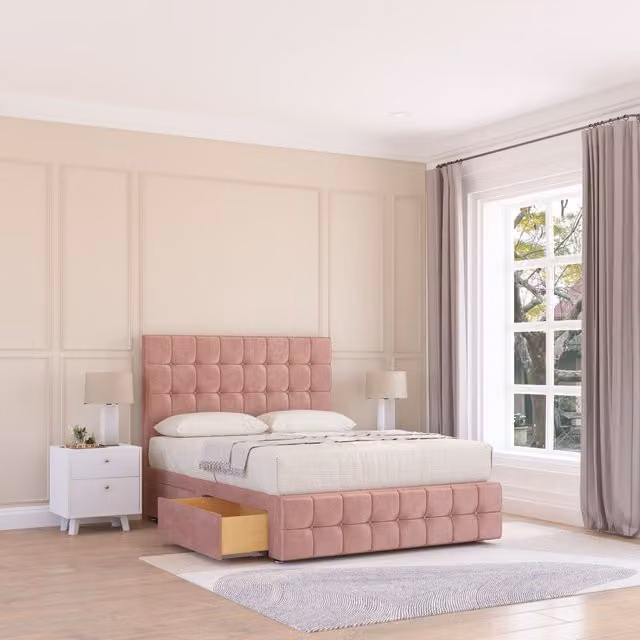 Sloomy Berlin Chesterfield Divan Bed Base with 2 Drawers in Pink, W/D/H: 140 x 200 cm