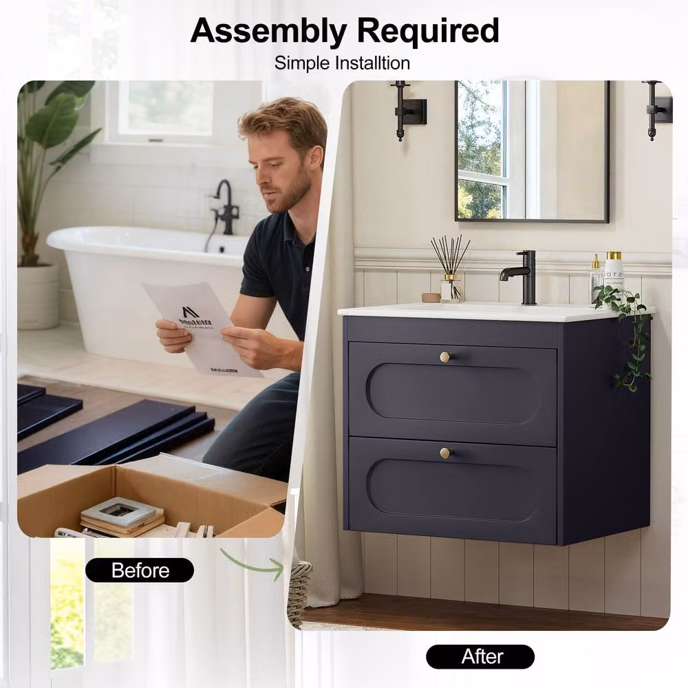 KEEPREAPER Wall Mounted Bathroom Vanity Unit with Ceramic Sink and 2 Drawers, Dark Grey and Gold – 5