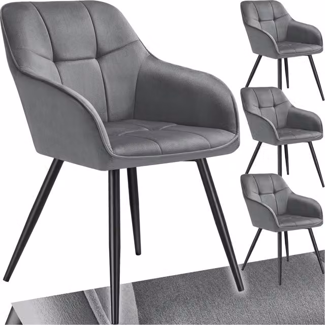 TECTAKE Marilyn Dining Chair Set of 4 in Grey and Black Velvet Fabric with Geometric Pattern