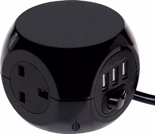 Status 3 Way Cube Socket with 3 USB Ports and 1.4 Metre Lead, Black – 1