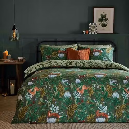 Furn Into The Woods Reversible Cotton Blend Duvet Cover Set with Animal and Floral Print in Green and Blue, W/H: 137 x 200 cm