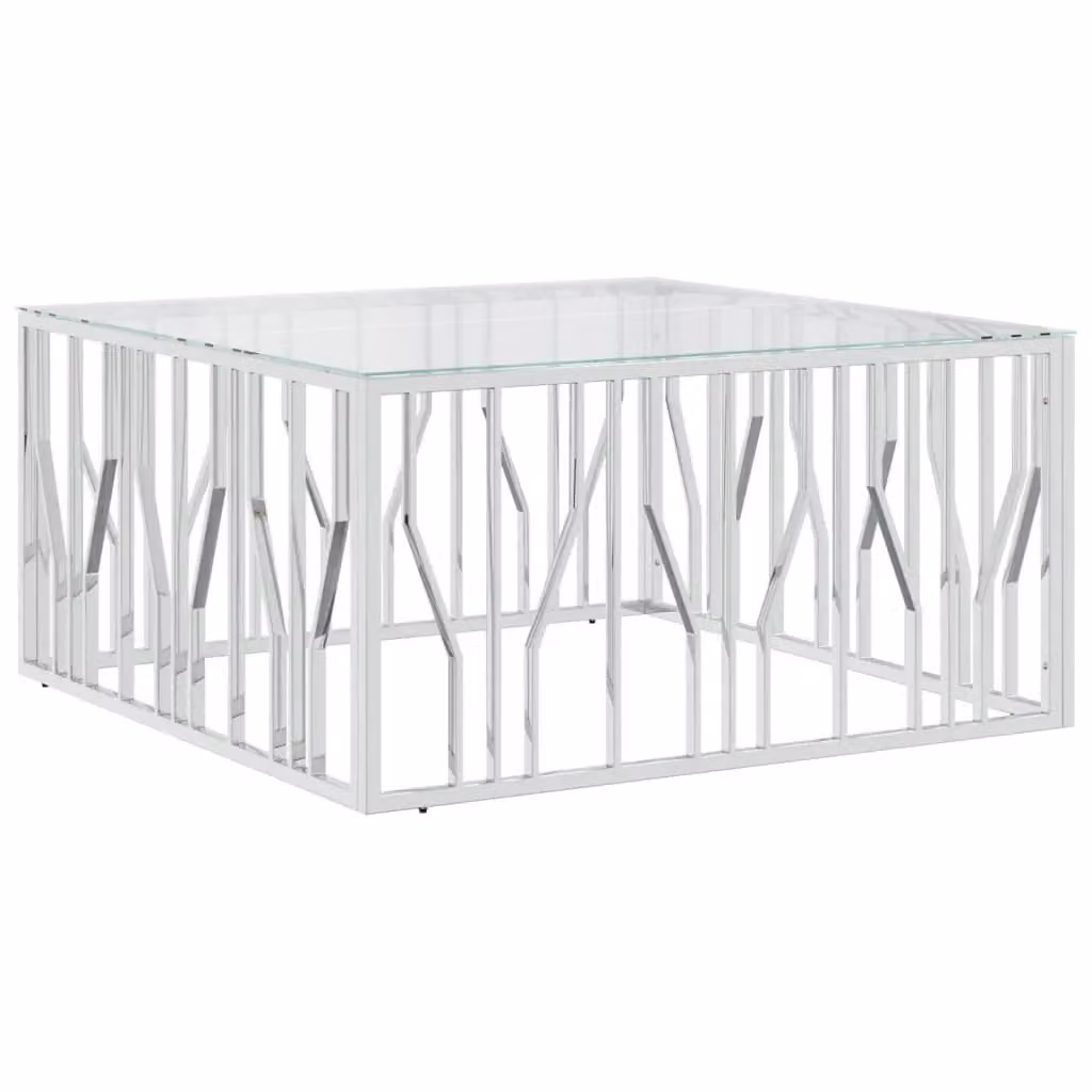 Berkfield Home Modern Square Coffee Table in Silver with Glass and Metal, W/D/H: 100 x 100 x 50 cm – 2